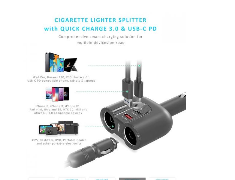 Gorilla Power Dual Port USB-C PD & QC3.0 Car Charger with Cigar Lighter Splitter