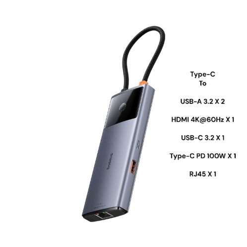 Baseus Metal Gleam Series II 6-in-1 USB HUB Space Grey（USB-C to 1*HDMI4K@60Hz+1*USB-C（10Gbps)+2*USB-A(10Gbps)+1*RJ45+1*USB-C（PD) ）