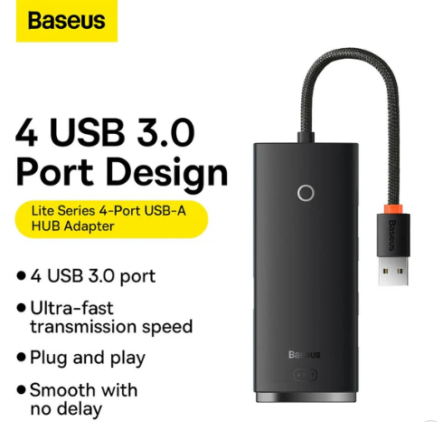 Baseus Lite Series 4-Port USB-A HUB Adapter (USB-A to USB 3.0*4) 25cm Black