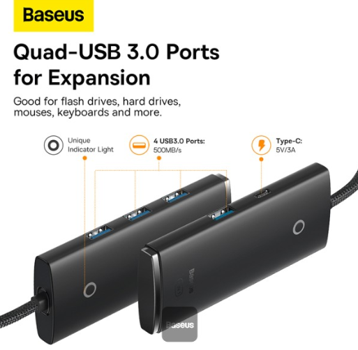 Baseus Lite Series 4-Port Type-C HUB Adapter (Type-C to USB 3.0*4) 25cm Black