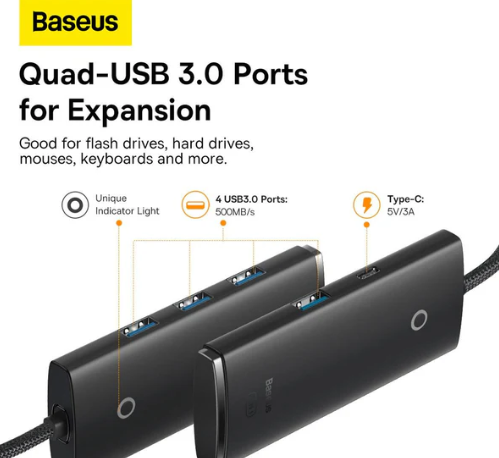 Baseus Lite Series 4-Port USB-A HUB Adapter (USB-A to USB 3.0*4) 25cm Black