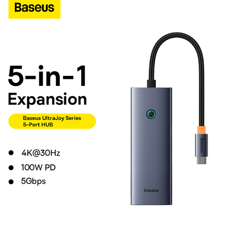 Baseus UltraJoy Series 5-Port HUB AIR Space Grey（Type-C to HDMI4K@60Hz*1+USB3.0*2+PD*1+RJ45*1）