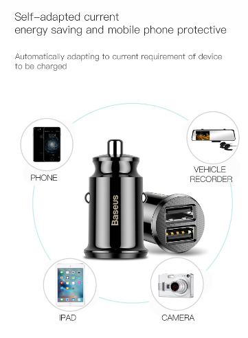 Baseus Grain Car charger with 2 USB 5V 3.1A Ports Black