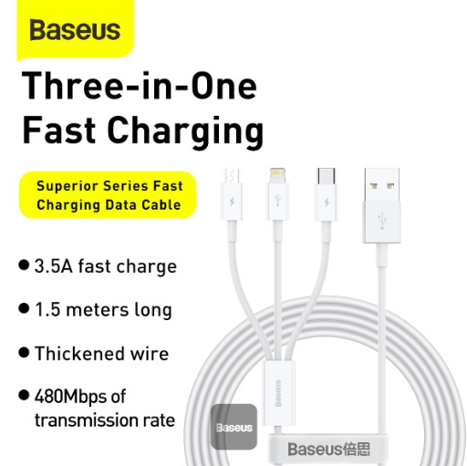 Baseus Superior Series Fast Charging Data Cable USB to M+L+C 3.5A 1.5m White