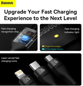 Baseus Flash Series Ⅱ, 3 Simultaneous Fast Charging Data Cable USB to Micro USB+Lightning +USB C 100W 1.2m Black