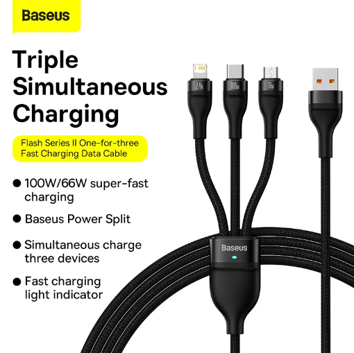 Baseus Flash Series Ⅱ, 3 Simultaneous Fast Charging Data Cable USB to Micro USB+Lightning +USB C 100W 1.2m Black