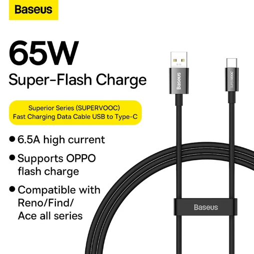 Baseus Superior Series (SUPERVOOC) Fast Charging Data Cable USB to Type-C 65W 1m Black