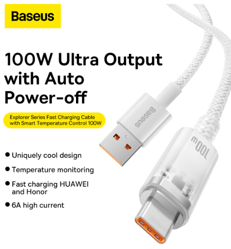 Baseus Explorer Series Fast Charging Cable with Smart Temperature Control USB to Type-C 100W 1m White