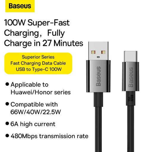 Baseus Superior Series Fast Charging Data Cable USB to Type-C 100W 1m Cluster Black