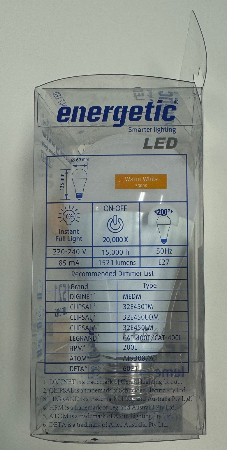 Energetic A67 E27 15.5W (1520lm) Warm White Dimmable LED Bulb [112115]