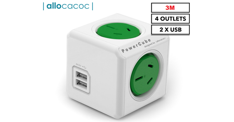 ALLOCACOC POWERCUBE Extended 4 Outlets with  2 USB, 3M WITH SURGE in Green