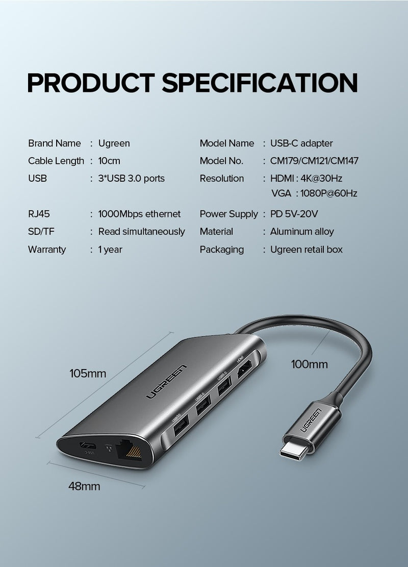 UGREEN USB-C To 3*USB 3.0 A+HDMI+VGA+RJ45 Gigabit+SD/TF+PD Converter  - CLEARANCE