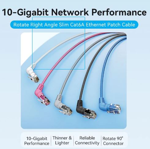 Vention Cat6A UTP Rotate Right Angle Ethernet Patch Cable 0.5M Black Slim Type