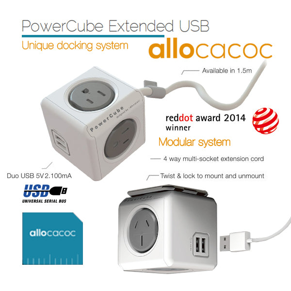 ALLOCACOC POWERCUBE Extended 4 Outlets with 2 USB, 3M - Grey